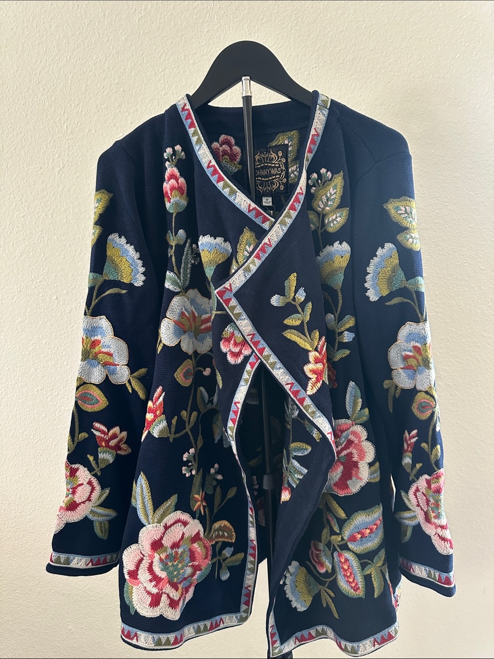 Johnny Was BIYA Draped Sweater Gillian Embroidered Floral Navy Cardigan NEW Med - Picture 2 of 11